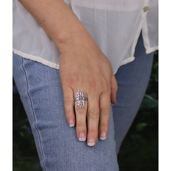 Sterling Silver Filigree Ring Navette Ring Size 8 - Picture 4 of 7